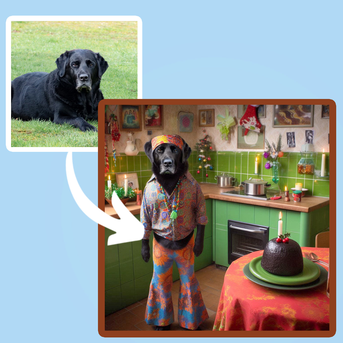 A reto pet portrait 1960s black dog standing like a human in a Christmas kitchen scene