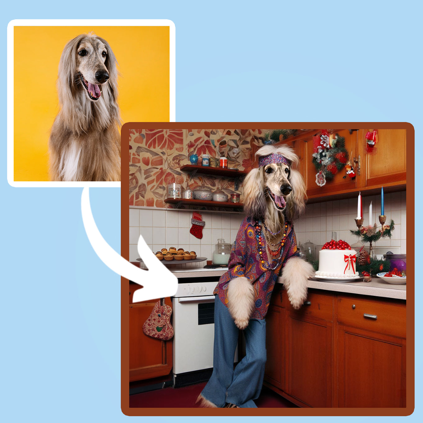 A reto pet portrait 1960s afghan dog standing like a human in a Christmas kitchen scene