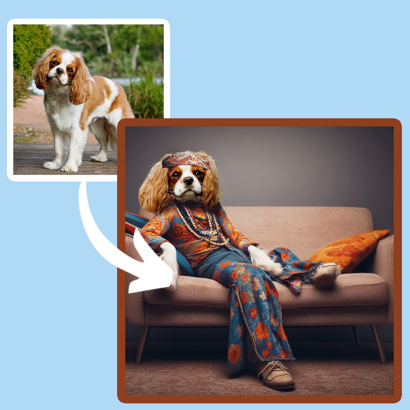 A reto pet portrait 1960s a spaniel dog sitting like a human on a sofa