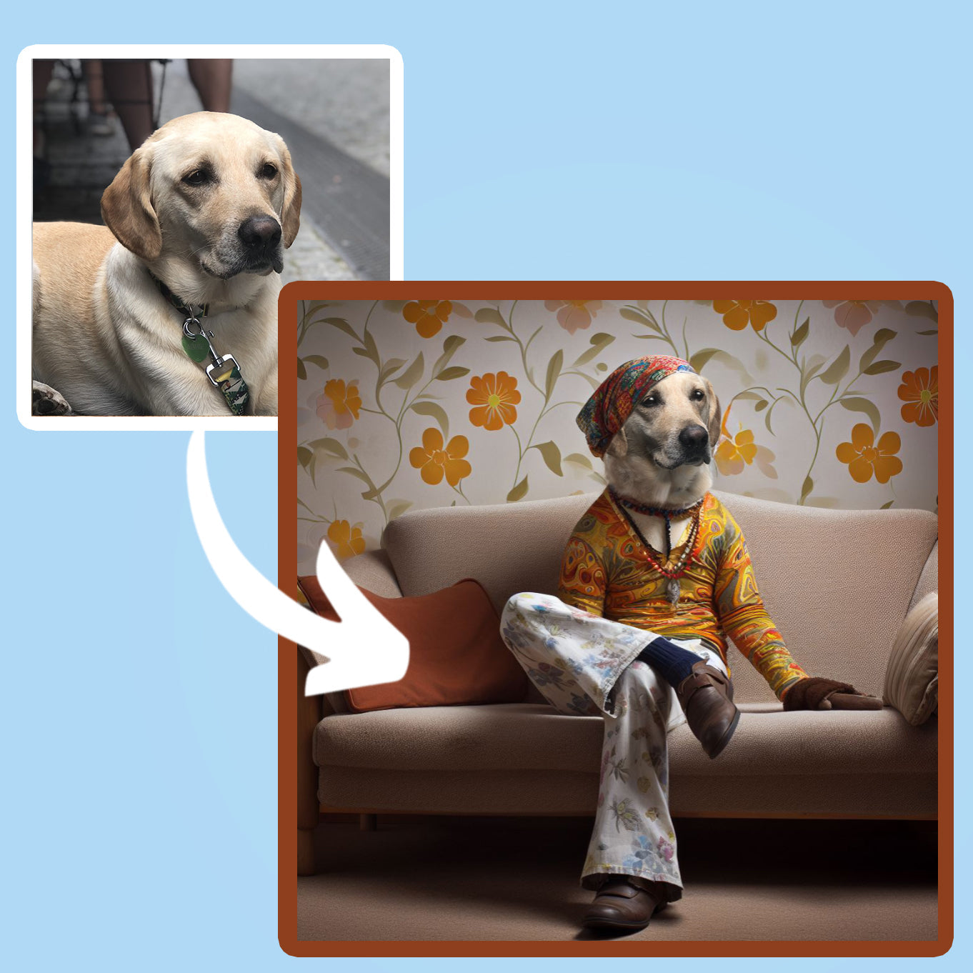 A reto pet portrait 1960s a golden labrador dog sitting like a human on a sofa