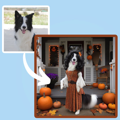 A reto pet portrait 1960s a bordie collie dog standing like a human in front of a halloween house and full moon