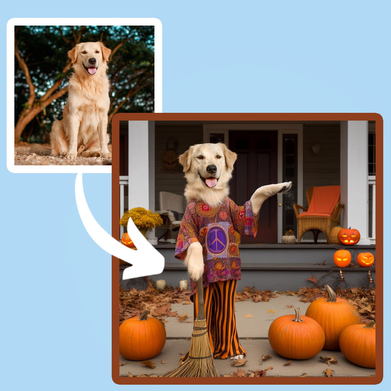 A reto pet portrait 1960s a golden labrador dog standing like a human in front of a halloween house and full moon