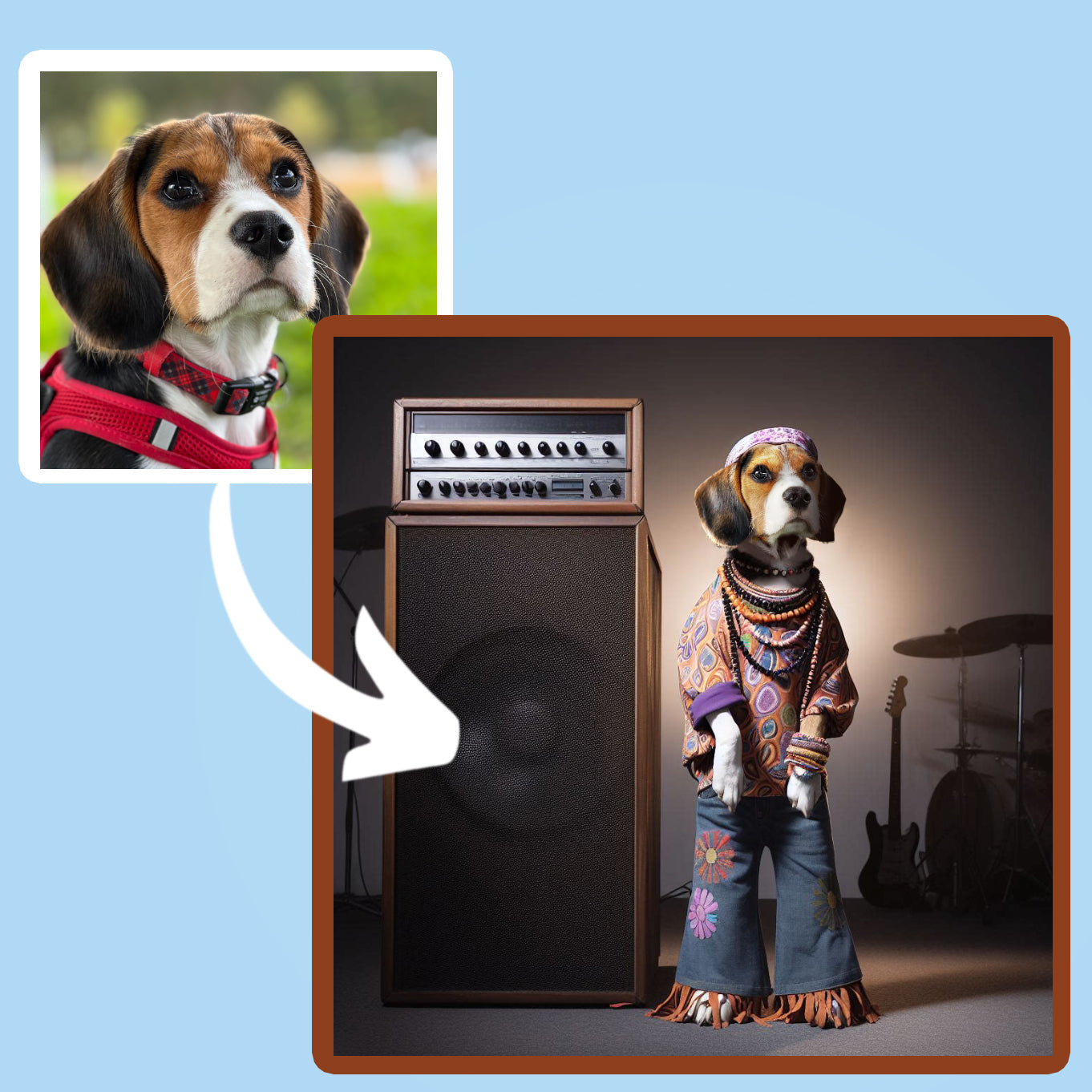 A reto pet portrait 1960s a beagle dog standing like a human next to a large music speaker