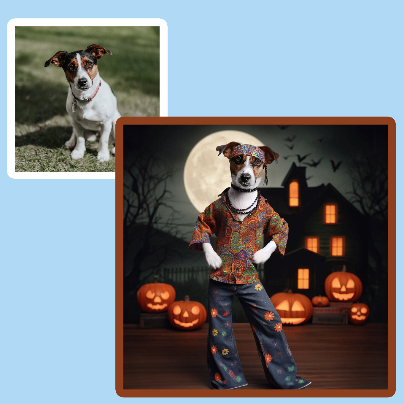 A reto pet portrait 1960s a jacket russell dog standing like a human in front of a halloween house and full moon