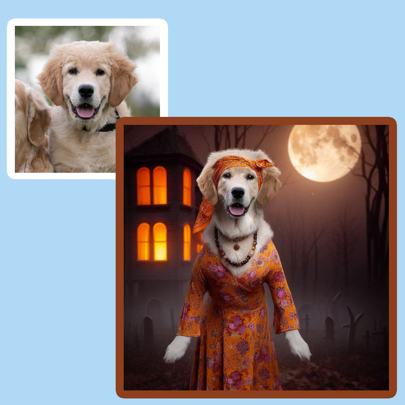 A reto pet portrait 1960s a female dog standing like a human in front of a halloween house and full moon