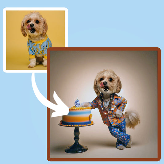 A reto pet portrait 1960s a shih tzu dog standing like a human next to a birthday cake