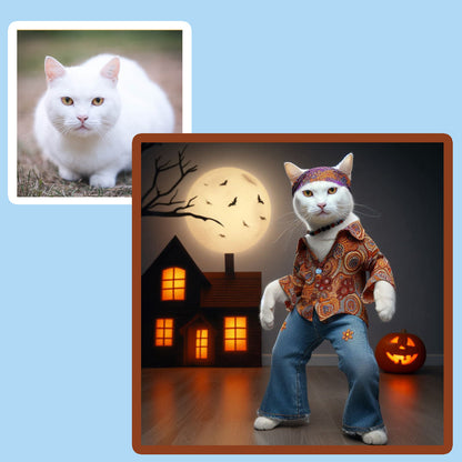 A reto pet portrait 1960s a white cat standing like a human in front of a halloween house and full moon