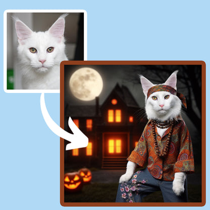 A reto pet portrait 1960s a white cat standing like a human in front of a halloween house and full moon