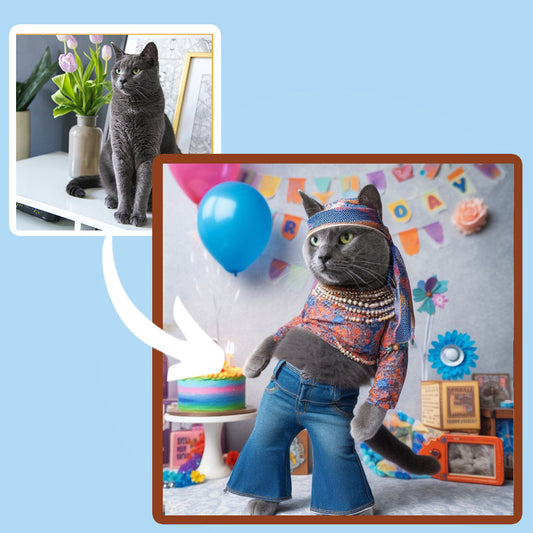A reto pet portrait 1960s a british shorthair cat standing like a human next to a birthday cake