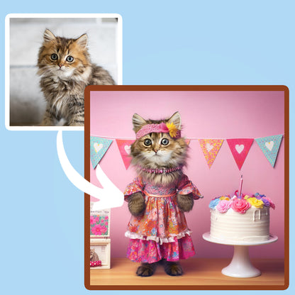 A reto pet portrait 1960s a female kitten standing like a human next to a birthday cake